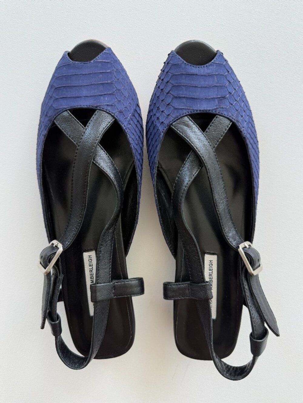 New Handmade Navy Genuine Leather Snake Skin Low Heel Slingbacks NYC Designer